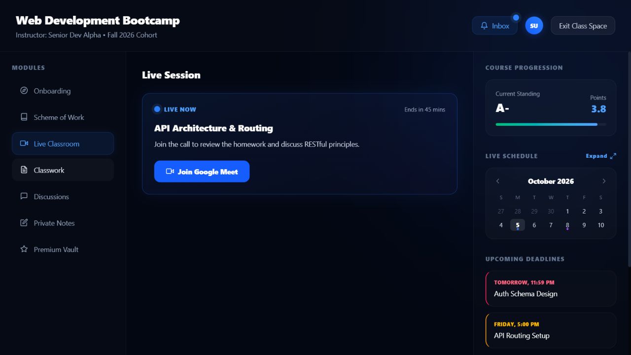Arcona classroom workspace showing course progress, modules and live sessions