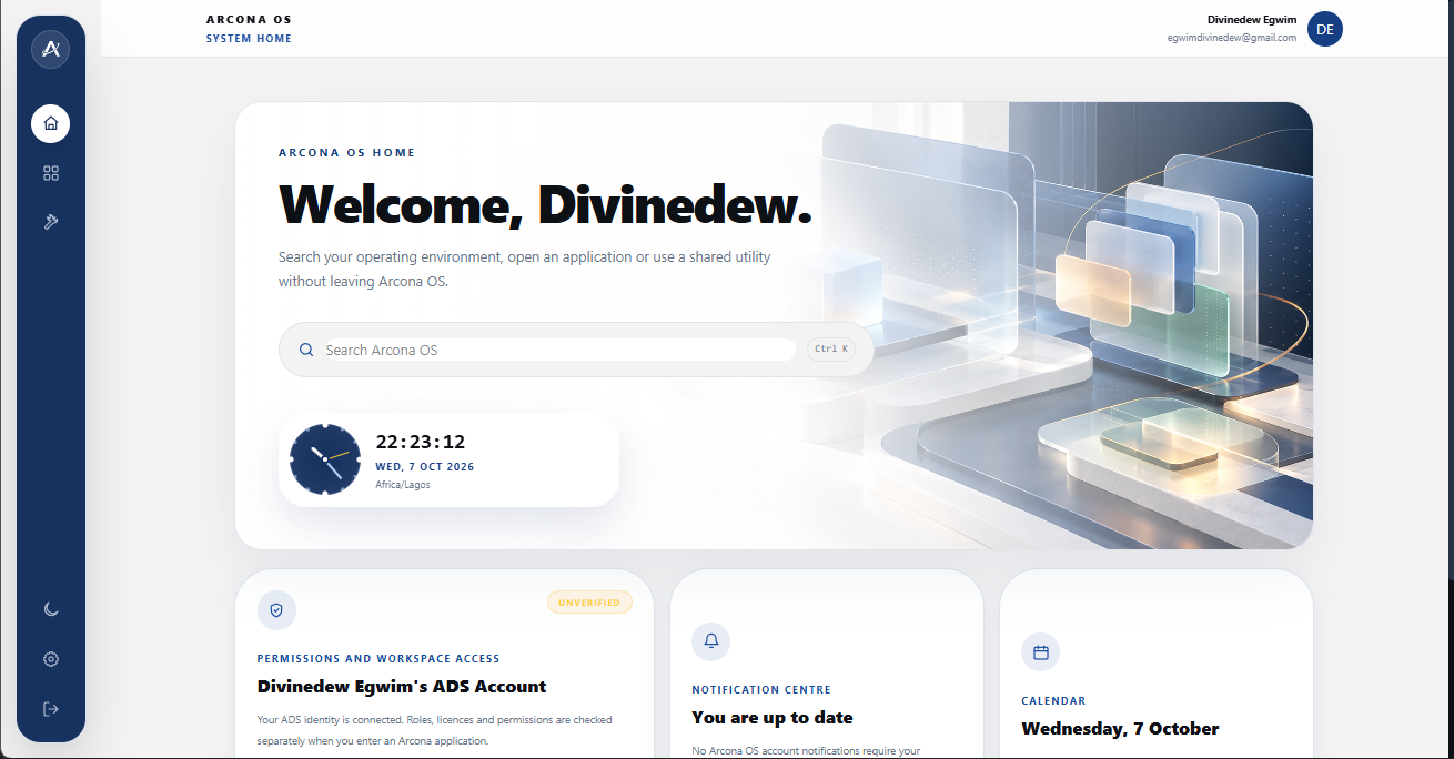 Current Arcona OS home workspace